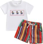 Toddler Kid Girls Summer Outfit Animal Embroidery Short Sleeve Top Colorful Stripes Elastic Waist Shorts Set 2Pcs Clothes Set