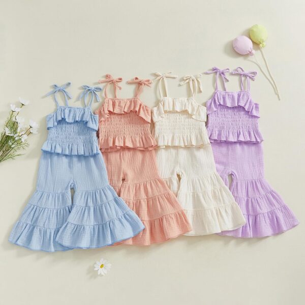 Toddler Girl Summer Clothes Smocked Ruffle Camisole Tank Shirts Wide-Leg Flared Pants Set 2Pcs Bell Bottoms Outfit - Image 7