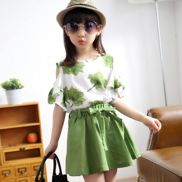 Girls Summer Flower Clothes Set Ruffle Sleeve T-Shirts and Mini Skirt 2Pcs Outfits for Age 3-12 Years - Image 3