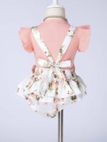 Newborn Baby Girls Summer Shorts Sets Ruffle Sleeve Shirt Top + Floral Suspender Shorts Bloomers + Headband Outfit - Image 4