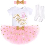 IBTOM CASTLE My 1/2 /1st /2nd/3rd Birthday Outfits for Baby Girl Bodysuit Romper/T-Shirt+Polka Dot Tulle Tutu Skirt +Socks+Bowknot Headband 4pcs Formal Princess Cake Smash Party Baptism Dress - Image 2