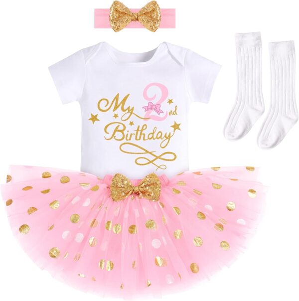 IBTOM CASTLE My 1/2 /1st /2nd/3rd Birthday Outfits for Baby Girl Bodysuit Romper/T-Shirt+Polka Dot Tulle Tutu Skirt +Socks+Bowknot Headband 4pcs Formal Princess Cake Smash Party Baptism Dress - Image 2