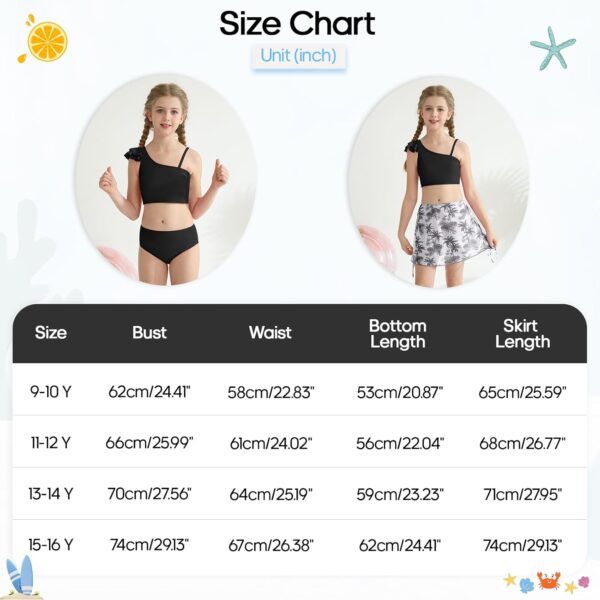 Girls 3 Piece Swimsuits Ruffle Sleeve Bikini Set with Tropical Cover Up Skirts High Waist Bathing Suit Bikini Tops Pants Summer Holiday Beachwear for Kids Teen 9-16 Years - Image 7