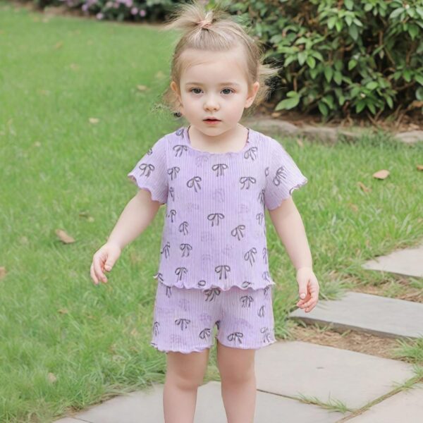 Geagodelia Kid Little Girl Summer Outfit Short Sleeve Bow Print Tops Pullover Elastic Ribbed Shorts Tracksuit Clothes 2Pcs Set - Image 5