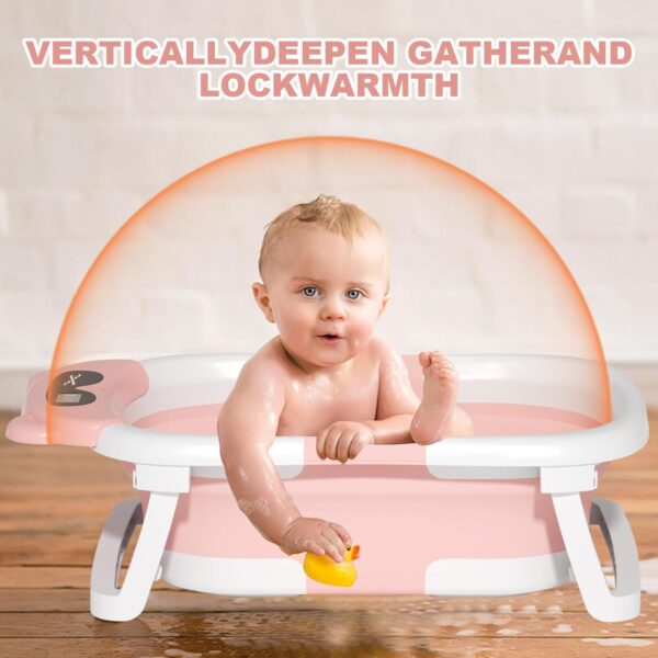 LiveGo Collapsible Baby Bathtub, Foldable Infant Tub for Newborn to Toddler (0-36 Months), Real-Time Temperature Monitor, Soft Cushion, Portable, Anti-Slip Feet, Drain Hole for Easy Use (Pink-A) - Image 6