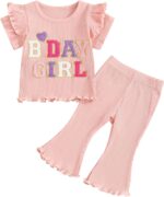 MAHUAOYIXI Baby Girl 2Pcs Birthday Outfits Short Sleeve Letter Embroidery Tops + Flare Pants Set Toddler Girls Clothes Girls Birthday Clothing Set