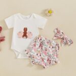 Dubute My First Easter Outfit Baby Girl Bunny Romper Bodysuit +Pompom Shorts Bloomer 1st Easter Clothes 3PCS - Image 3
