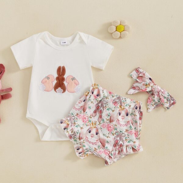 Dubute My First Easter Outfit Baby Girl Bunny Romper Bodysuit +Pompom Shorts Bloomer 1st Easter Clothes 3PCS - Image 3