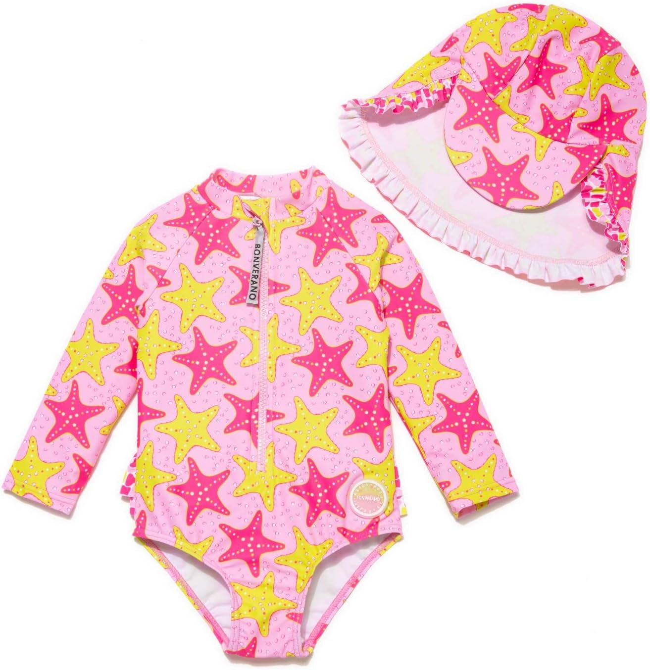 71GGX3ay2dL._AC_SL1500_.jpg BONVERANO Infant and Baby Girl Swimsuits/Rashguard One Piece UPF 50+ Sun Protection Ruffle Zipper with Sun Cap. - Image 1