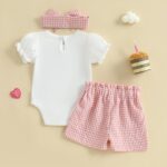 Baby Girl 1st Birthday Outfits Short Sleeve Romper Plaid Shorts Set Headband One Year Old Girl Birthday Outfits - Image 7