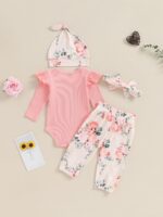 Edhomenn Baby Girls 3 Piece Fall Outfit Long Sleeve Romper and Floral Long Pants with Bow Headband - Image 3