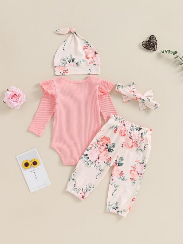 Edhomenn Baby Girls 3 Piece Fall Outfit Long Sleeve Romper and Floral Long Pants with Bow Headband - Image 3