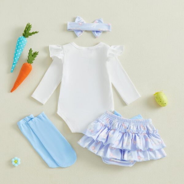 Qianderer Newborn Baby Girl Easter Outfit Bunny Clothes Long Sleeve Romper+Bloomers Tutu Skirt+Socks+Headband 4Pcs - Image 4