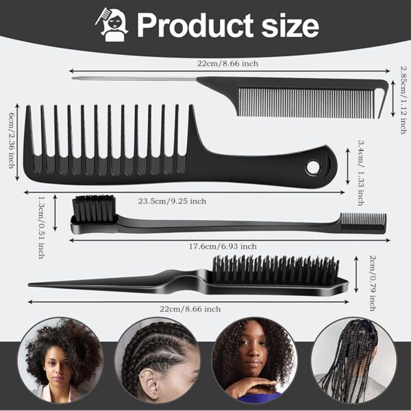 SWEET VIEW 4 Pcs Hair Styling Brush Set with 1 Pcs Edge Brush 1 Pcs Bristle Hair Brush 1 Pcs Rat Tail Comb 1 Pcs Wide Tooth Comb, Hair Comb Set for Slick Baby Hair and Flyaways - Black - Image 2