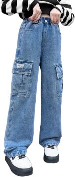 Ripped Jeans for Girls High Elastic Waist Baggy Casual Wide Leg Denim Jeans Fashion Washed Trousers with Pockets Stretchy Vintage Pants Age 5-15 Years