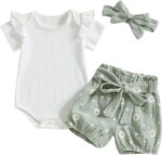 L&ieserram Baby Girls Little Daisy Print Outfits Short Sleeve Bodysuit Top Belted Pants Headband 3Pcs Summer Set