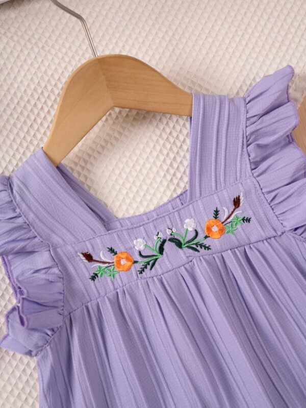 JiAmy Girl Dress Flowers Embroidery Flutter Sleeve Toddler Dresses Square Neck Ribbed Casual Clothes for 1-7 Year Old - Image 3