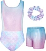 JiAmy Gymnastics Leotards for Girls with Short, Kids Athletic Crisscross Back Dancewear Gymnastics Athletic Outfit 3Pcs for Kids 3-12 Years - Image 2