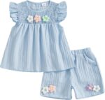 Baby Girl Summer Clothes 3D Flower Embroidery Smocked Tunic Top Casual Shorts Set 2Pcs Toddler Summer Outfit 9M-4Y