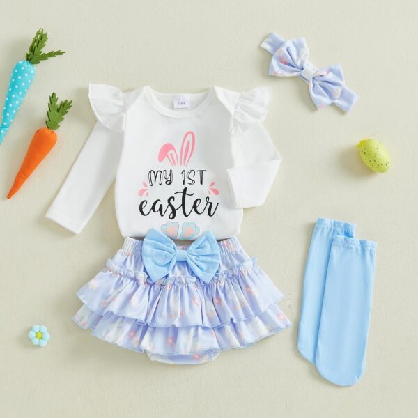 Qianderer Newborn Baby Girl Easter Outfit Bunny Clothes Long Sleeve Romper+Bloomers Tutu Skirt+Socks+Headband 4Pcs - Image 3