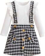 BENO TIGER Toddler Baby Girls Long Sleeve Skirt Set Solid Color Cotton Ribbed Shirt Top Plaid Suspender A-line Skirt Clothes Set