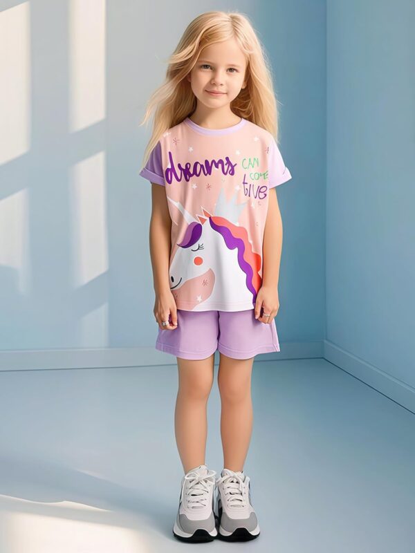 TCWWBB Toddler Girls Summer Short Outfits Clothes Set Kids Unicorn Bunny Animal Print Short Sleeve Cotton T-Shirt Dresses Tops and Shorts 2 Piece Crewneck Sleeveless Clothing Set Age 1-7 Years Old - Image 2