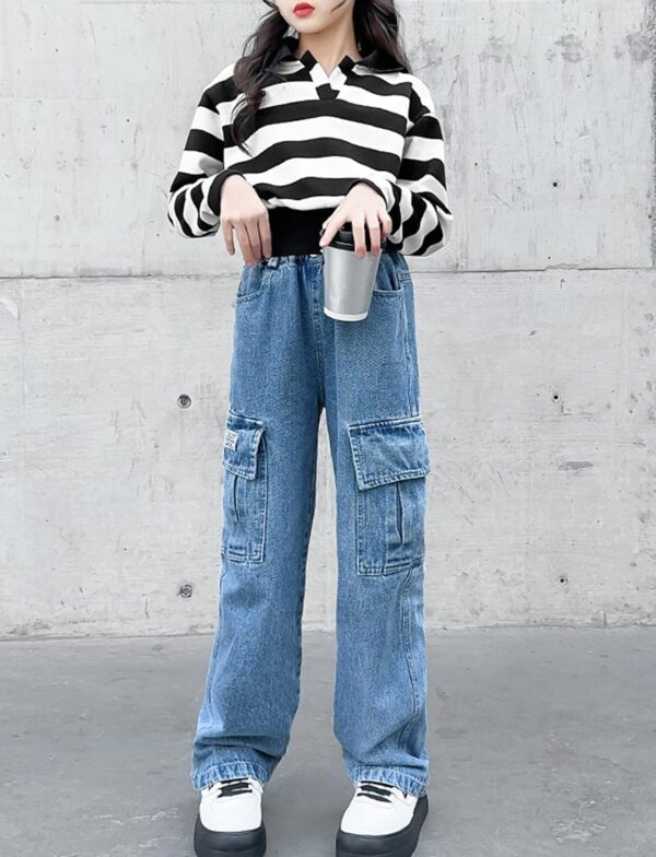 Ripped Jeans for Girls High Elastic Waist Baggy Casual Wide Leg Denim Jeans Fashion Washed Trousers with Pockets Stretchy Vintage Pants Age 5-15 Years - Image 3