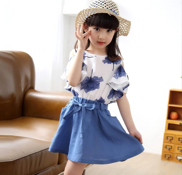 Girls Summer Flower Clothes Set Ruffle Sleeve T-Shirts and Mini Skirt 2Pcs Outfits for Age 3-12 Years - Image 2