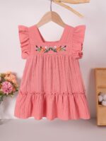 JiAmy Girl Dress Flowers Embroidery Flutter Sleeve Toddler Dresses Square Neck Ribbed Casual Clothes for 1-7 Year Old - Image 7