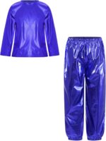 YiZYiF Kids Boys Girls Jazz Hip Hop Street Dance Clothes Shiny Metallic Long Sleeve T-Shirt with Harem Pants Set Dancewear