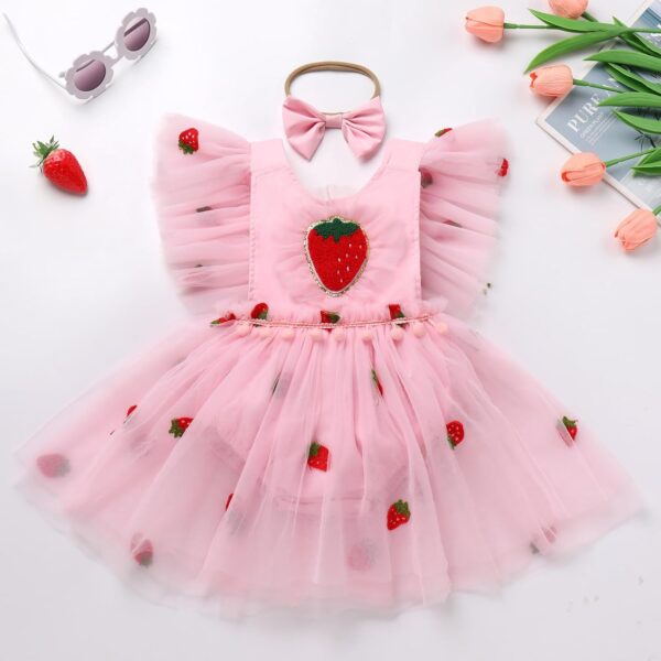 Newborn Infant Baby Girl Summer Romper Flower Strawberry Embroidery Tutu Tulle Princess Dresses with Headband - Image 2