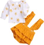 De feuilles Baby Girls Ruffle Peter Pan Collar Long Sleeve Shirt Tops with Strap Romper Jumpsuit Bloomers Shorts 2pcs Outfits Set