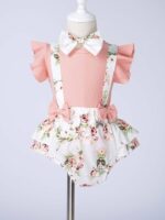 Newborn Baby Girls Summer Shorts Sets Ruffle Sleeve Shirt Top + Floral Suspender Shorts Bloomers + Headband Outfit - Image 3