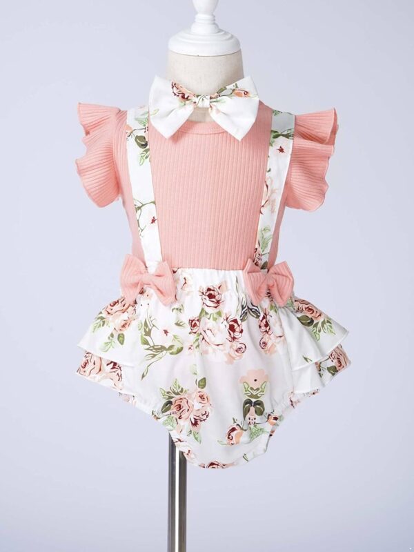 Newborn Baby Girls Summer Shorts Sets Ruffle Sleeve Shirt Top + Floral Suspender Shorts Bloomers + Headband Outfit - Image 3