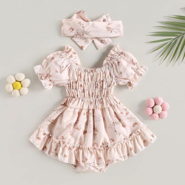 Newborn Baby Girl Romper Dress Puff Short Sleeve Ruched JUmpsuit Heanband Infant Summer Cute Clothes - Image 4
