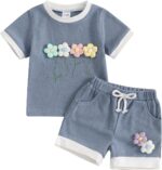 2Pcs Toddler Girl Summer Outfit Flower Print ​Crewneck Short Sleeve T-Shirts Tops And Floral Shorts Baby Girl Ribbed Bloom Flower Set