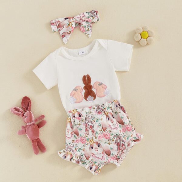 Dubute My First Easter Outfit Baby Girl Bunny Romper Bodysuit +Pompom Shorts Bloomer 1st Easter Clothes 3PCS - Image 4