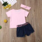 Baby Kid Girl Summer Letter Printed T Shirt Tops+ Jeans Shorts Bloomers +Headband 3 Pieces Set Outfit Clothes Set Cotton Elastic Loungewear Lounge Suit Sleepwear 1-5 Years - Image 6