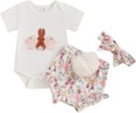 Dubute My First Easter Outfit Baby Girl Bunny Romper Bodysuit +Pompom Shorts Bloomer 1st Easter Clothes 3PCS