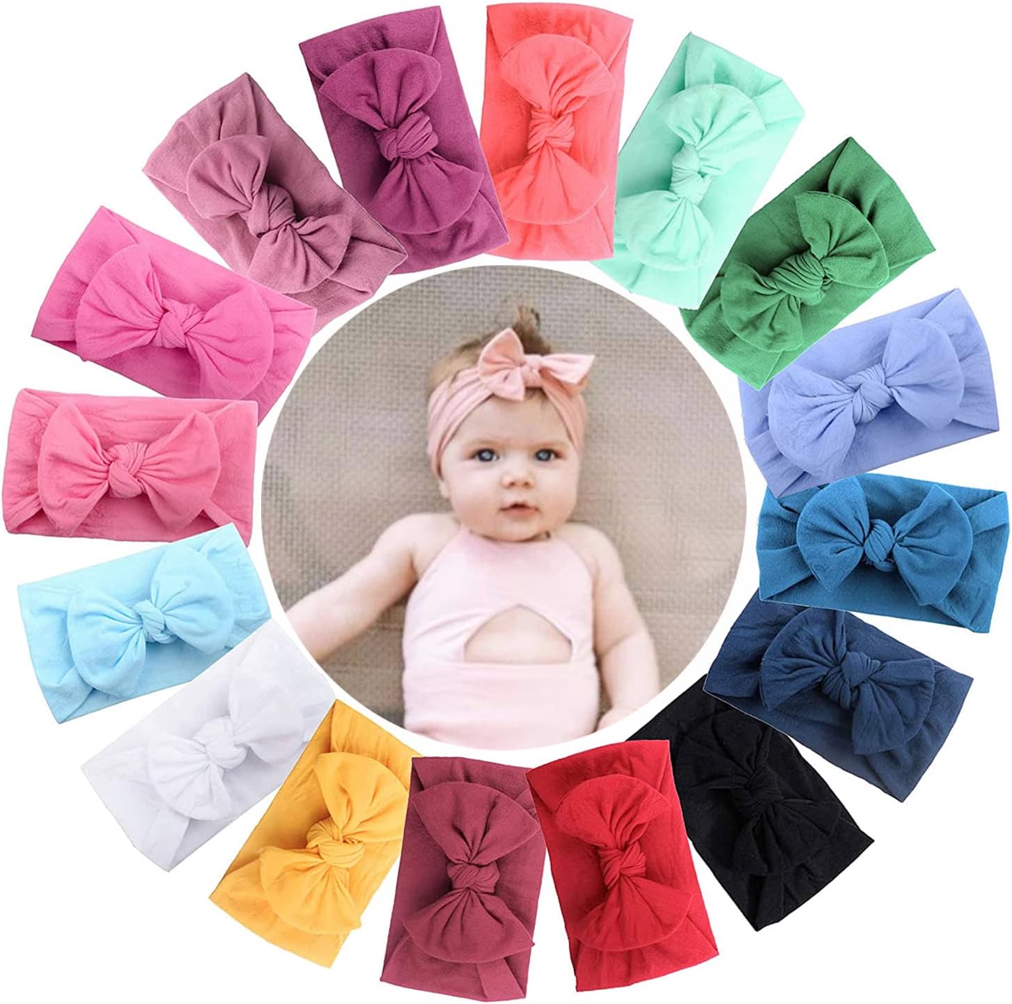 71NAyEUaspL._AC_SL1500_.jpg JOYOYO 16 Pcs Baby Headbands for Girls Baby Turban Headbands Stretchy Soft Wide Headbands for Newborns Toddlers, Baby Bow Hairbands - Image 1