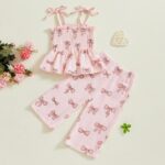 Yoisdtxc Toddler Baby Girl Clothes Summer Tie-Up Ruffle Tops Cotton Linen Pants Set Infant Smocked 2Pcs Outfit - Image 2
