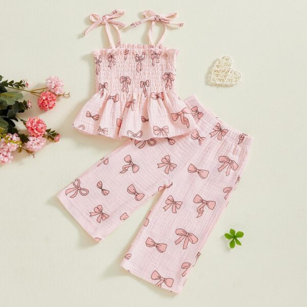 Yoisdtxc Toddler Baby Girl Clothes Summer Tie-Up Ruffle Tops Cotton Linen Pants Set Infant Smocked 2Pcs Outfit - Image 2