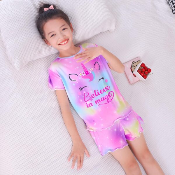 MHJY Girls Pyjamas Ruffled Short Sleeve PJs Sets Unicorn Pajamas 2 Pcs Shirt and Shorts Casual Girls' Nightwear Sleepwear Clothes - Image 6