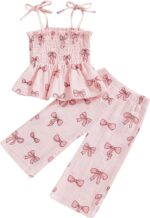 Yoisdtxc Toddler Baby Girl Clothes Summer Tie-Up Ruffle Tops Cotton Linen Pants Set Infant Smocked 2Pcs Outfit