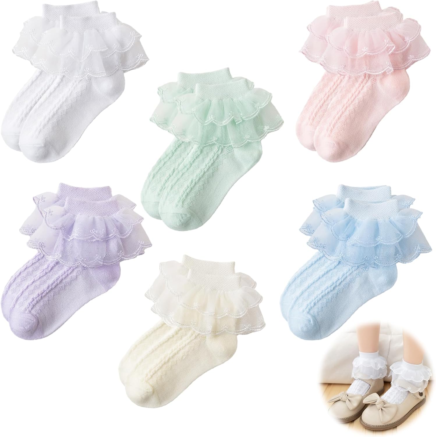 71O7Rmc7mOL._AC_SL1500_.jpg Elkuaie 6 Pairs of Girl Lace Cotton Ankle Socks, Cute Tassel Cotton Children's Ankle Socks, Suitable for Children Aged 4-6 Years Old (White+Pink+Yellow+Blue+Green+Purple) - Image 1