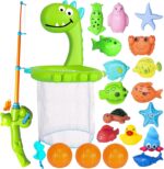 21Pcs Baby Bath Toys, Dinosaur Bathtub Toy for 3-6 Boys and Girls, 1 Dino Fishing Net &1 Fishing Rod & 3 Soft Ball & 15 Sea Animal Rubber Toys Children Fish Catching Game