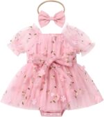FYMNSI Newborn Infant Baby Girls Romper Dress Short Puff Sleeve Square Neck Tutu Tulle Princess Dresses with Bowknot Headband 2pcs Set