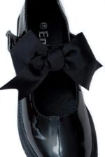 shelikes Girls Back to School Shoes Mary Jane Flat Shoes with Detachable Bow & Black Patent Shiny Ankle Strap - Image 6
