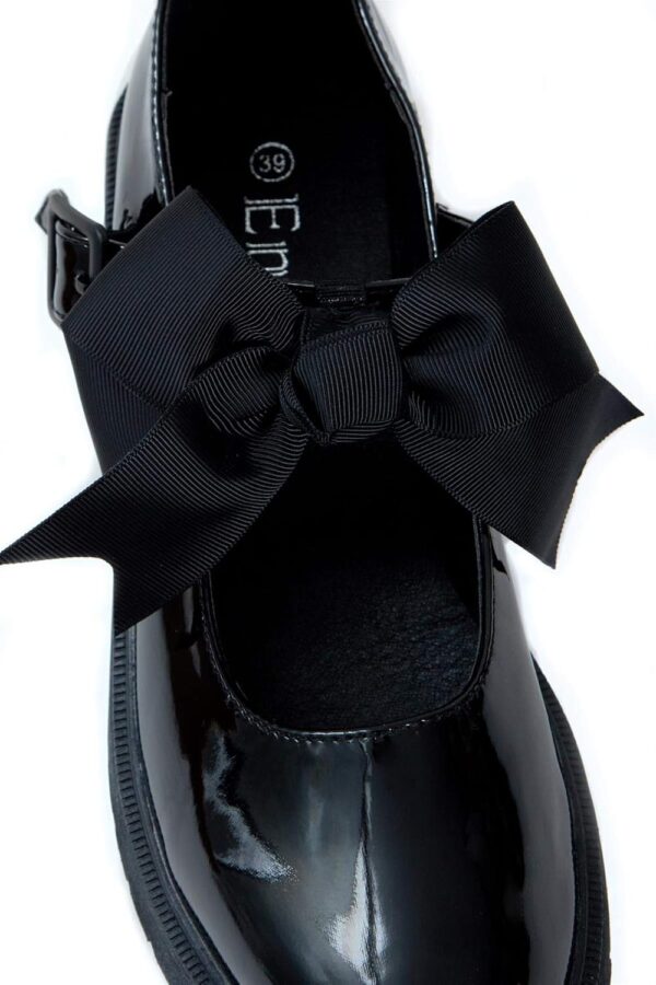 shelikes Girls Back to School Shoes Mary Jane Flat Shoes with Detachable Bow & Black Patent Shiny Ankle Strap - Image 6