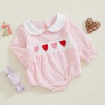Yoisdtxc Infant Baby Girl Cute Outfit Heart Print Smocked Bubble Romper Doll Collar Bodysuit Headband Spring Clothes - Image 3